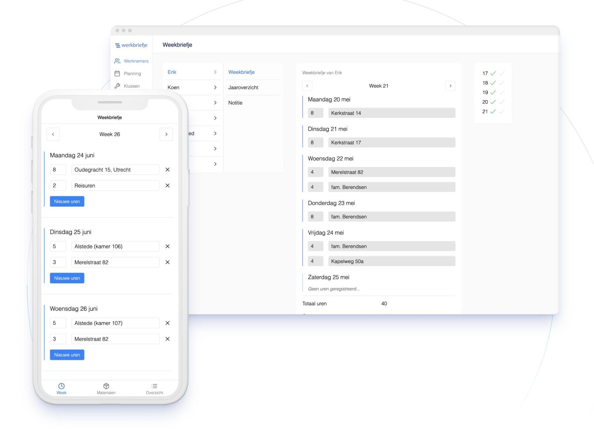 Digitale werkbriefje app interface voor urenregistratie en materiaalbeheer in de bouw
