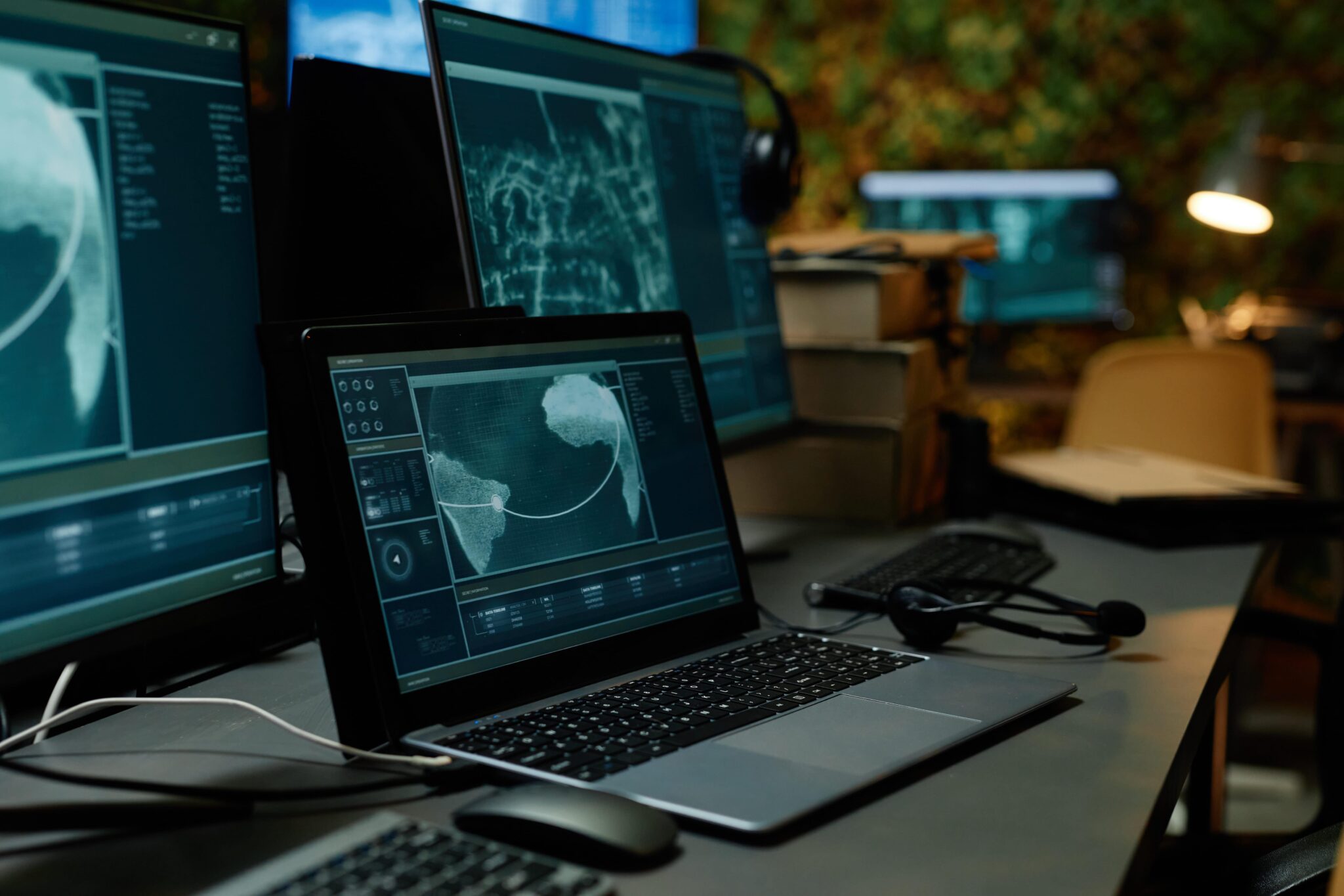Laptop met gesloten gegevens op werkplek - symboliseert beveiligde software installatie en bedrijfsgegevens.